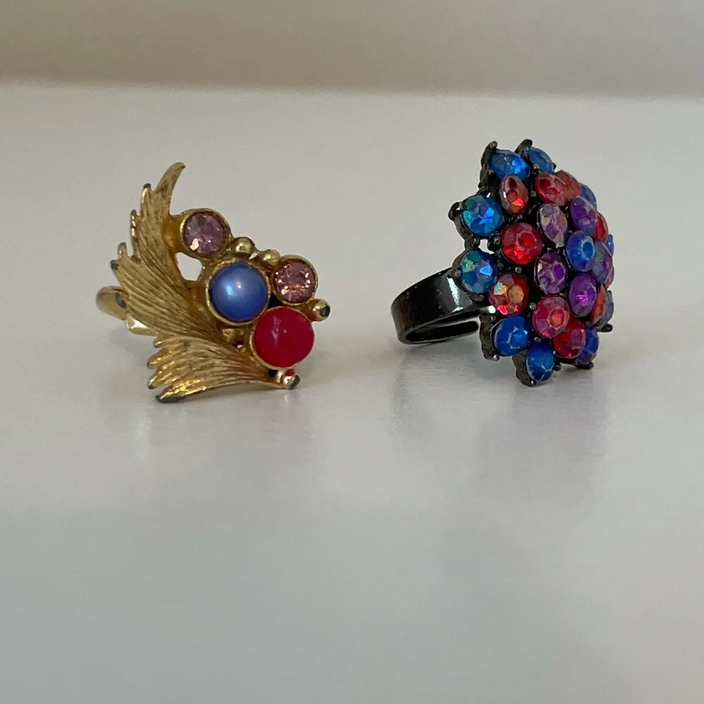Vintage 70’s Rings Antique Gemstone Jewelry Adjustable 2 Piece Ring Set Blue Red